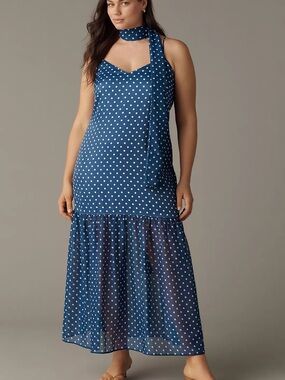 Maeve by Anthropologie Blue Polka Dot Dress with Neck Scarf
